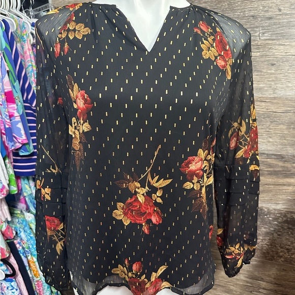 Simply Vera Vera Wang Tops - Simply Vera Vera Wang Sheer Black Blouse with Red and Gold Floral